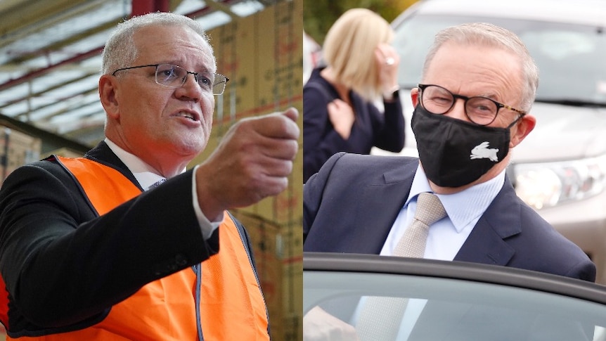 A composite image of Scott Morrison in hi-vis and Anthony Albanese wearing a Rabittohs face mask.