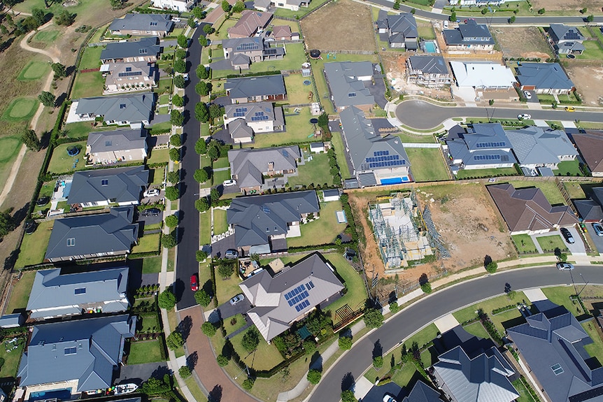 Drone shot of housing development at Bingara Gorge south west of Sydney taken in March 2019