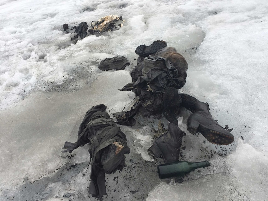 Shoes and clothing are visible at a Swiss glacier where two bodies were found.
