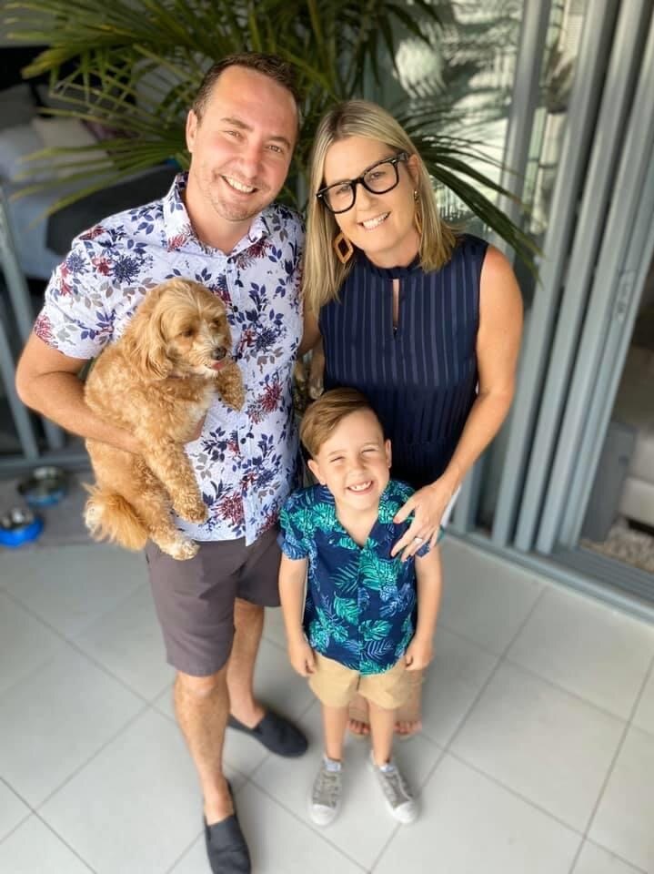 Kylie, Adam and their son and dog