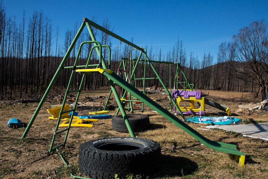 Children's swing sets stand on a burned out block of land.