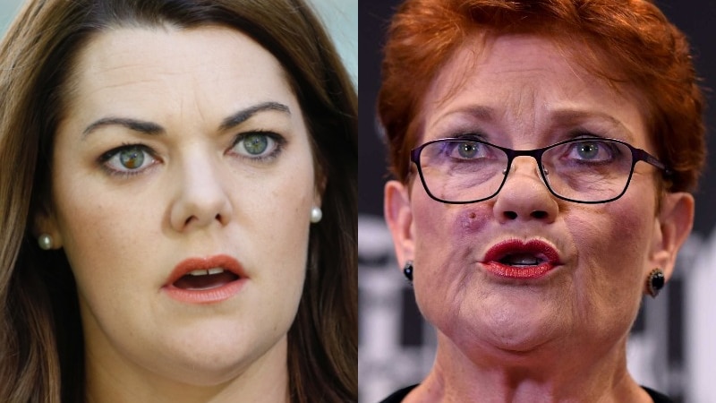 A headshot picture of Sarah Hanson-Young alongside a picture of Pauline Hanson