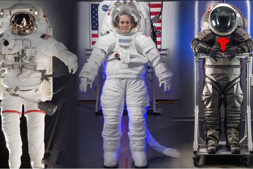 A composite image showing three NASA space suits.