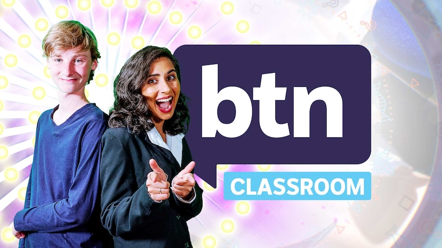 Leela and Actor posing in a game show style with glittery lights behind and the BTN logo to the right.