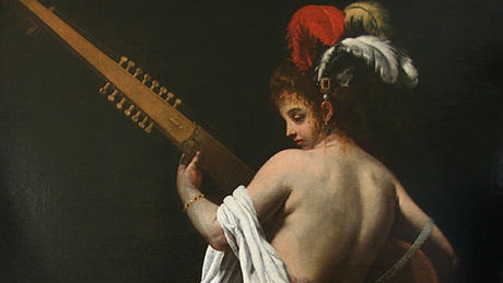 A painting of the ancient Greek music, Terpsichore, depicted as a young woman wearing a feathered cap playing a theorbo.