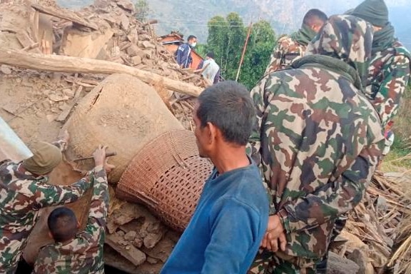 Members of the Nepal army work during a rescue operation.