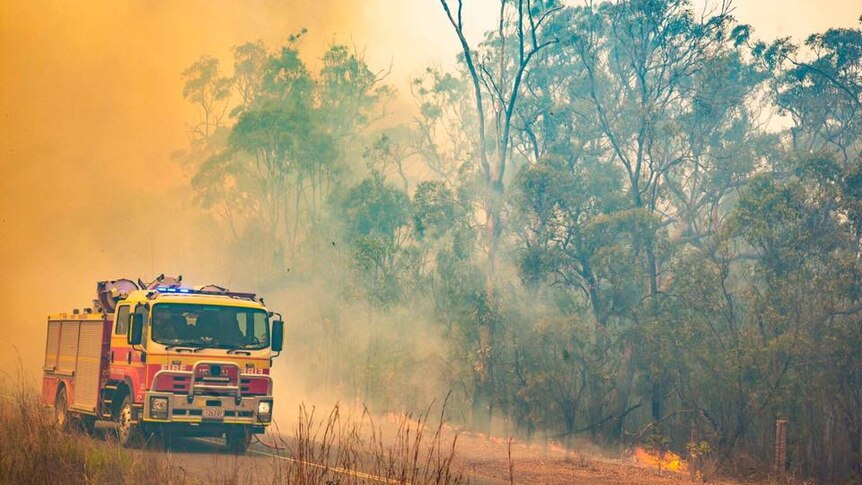 A QFES truck amidst orange smoke with a burning bush in background.