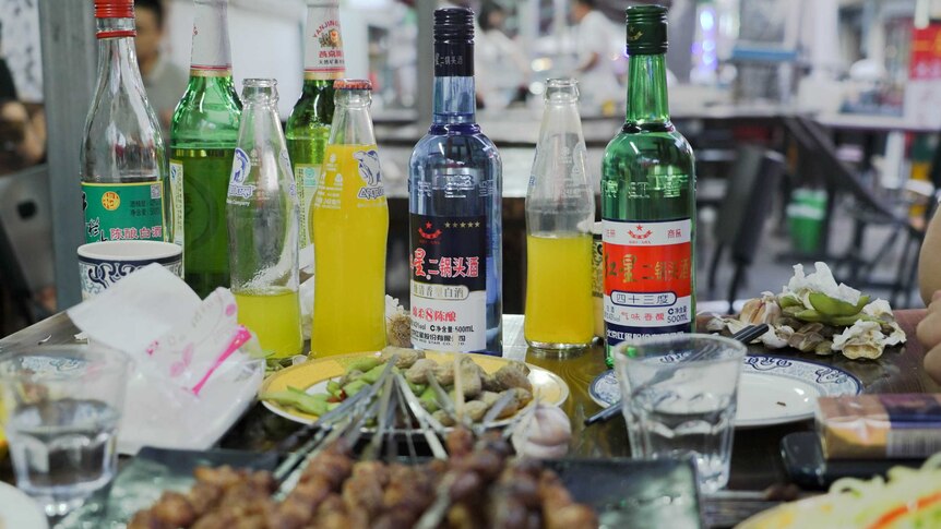 Bottle of Baijiu on dinner table