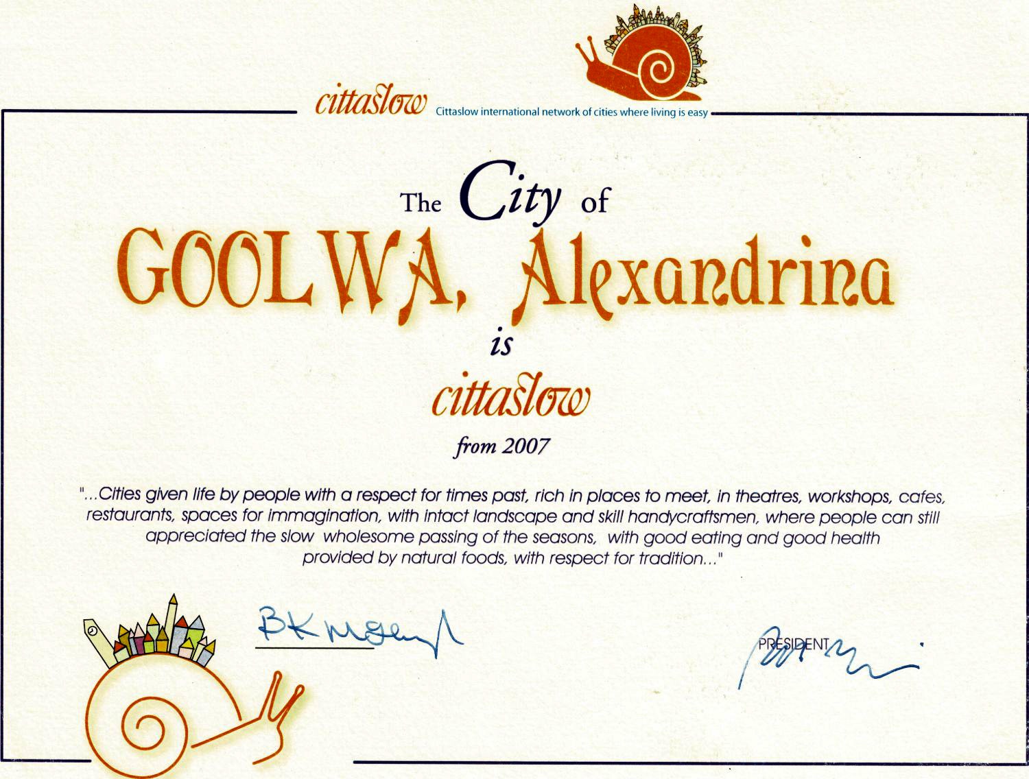 A City of Goolwa, Alexandrina Cittaslow certificate