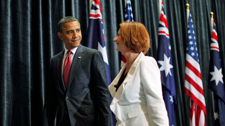 Barack Obama and Julia Gillard walk from their joint press conference. (Reuters: Jason Reed)