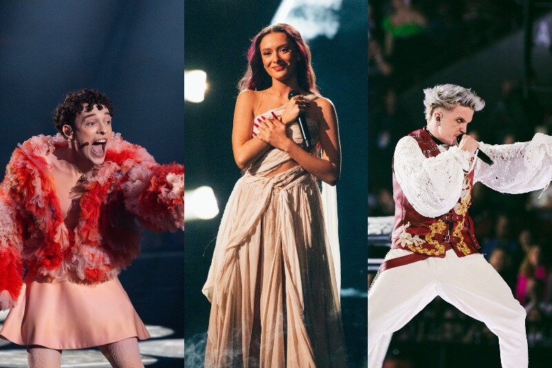 A composite image of Eurovision performers from Switzerland, Israel and Croatia.