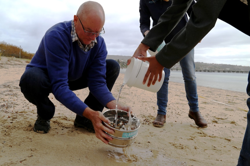 A man sieves for plastics on a beach.