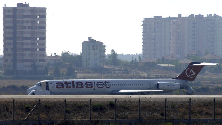 The Atlasjet aircraft on the tarmac at Antalya Airport after being hijacked.