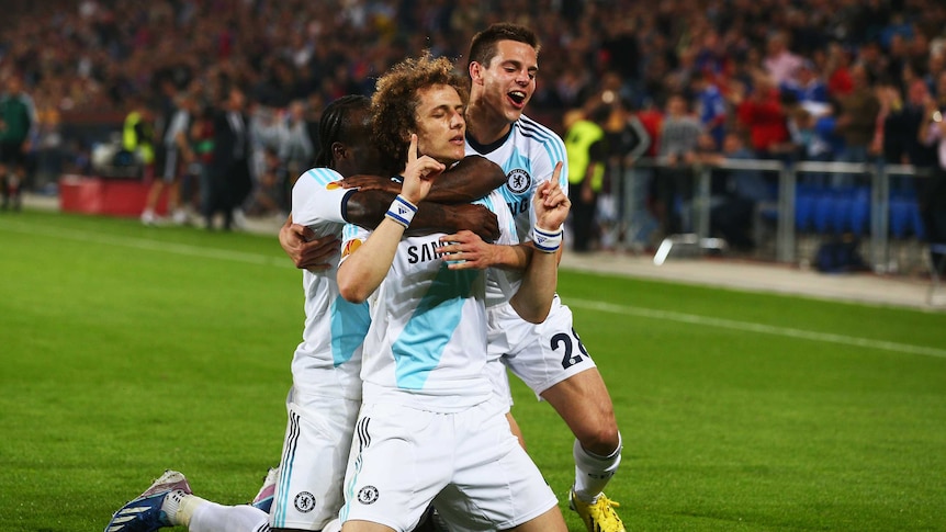 Clutch effort ... David Luiz (C) celebrates scoring his second goal with his Chelsea team-mates