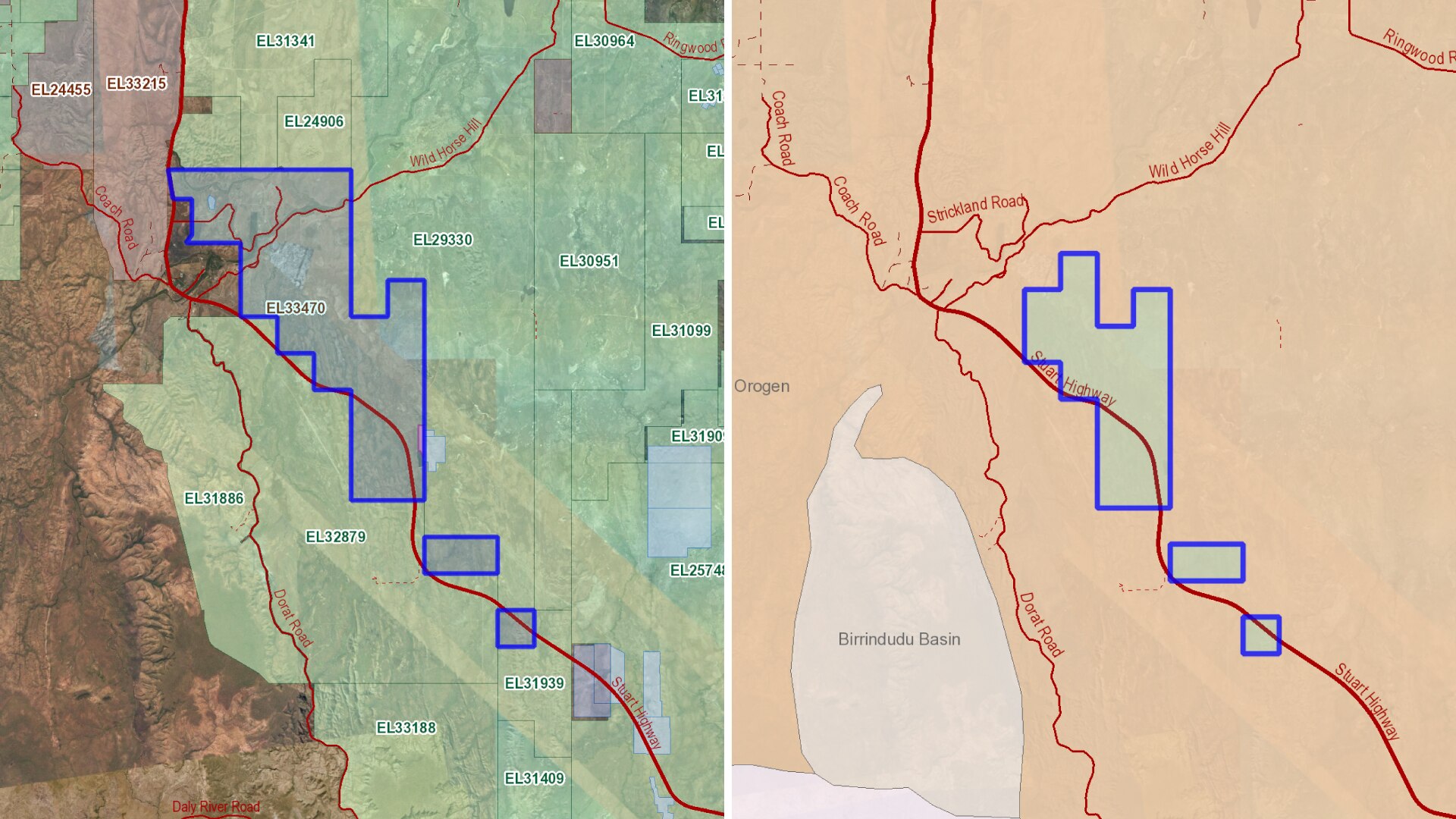 Two maps of Adelaide River side by side. Each have different sections highlighted