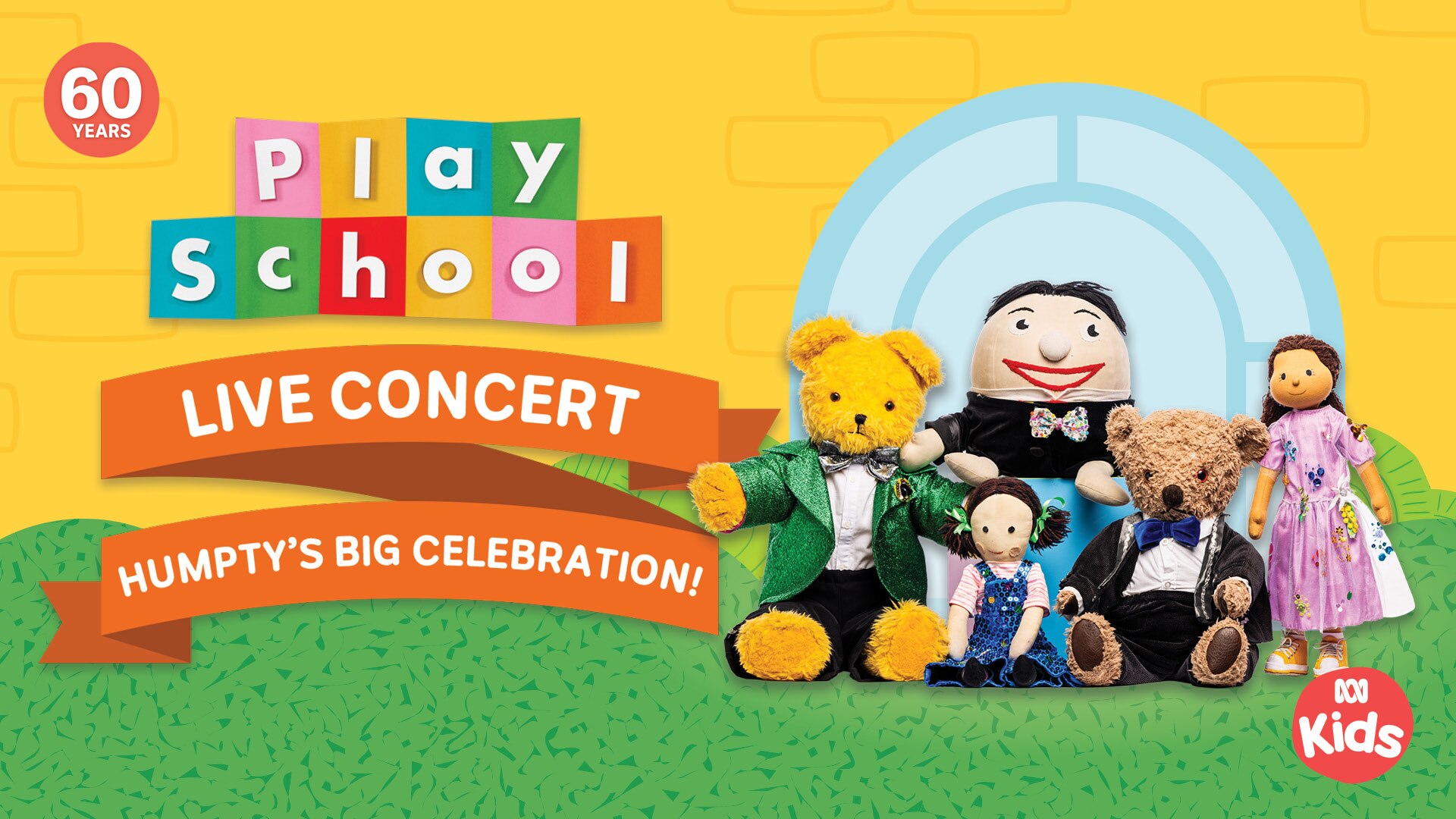The Play School toys in fancy outfits with a Play School Live Concert banner