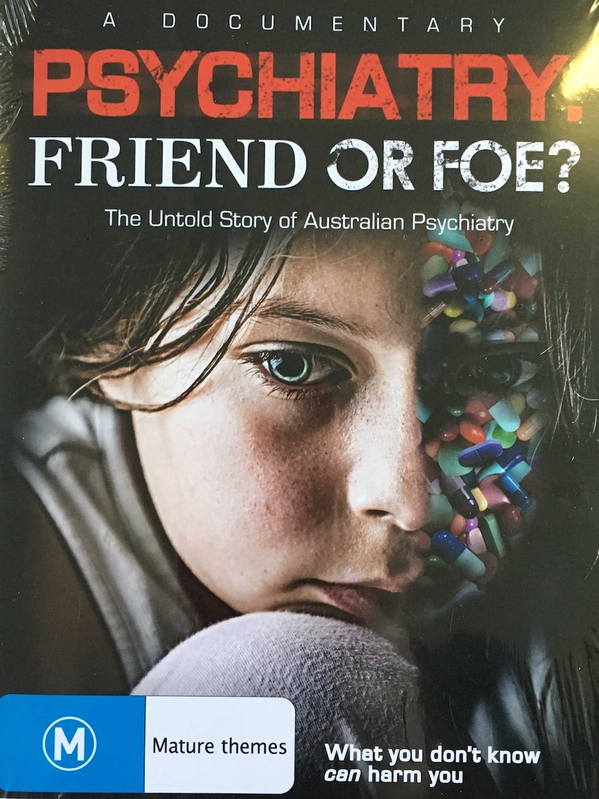 Scientology DVD, with a girl on the front whose face is partially covered in pills, with the title Psychiatry: Friend or Foe?