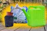 A pile of plastic pots, a bright green plastic watering can and a bag full of soil in soft plastic in a backyard.