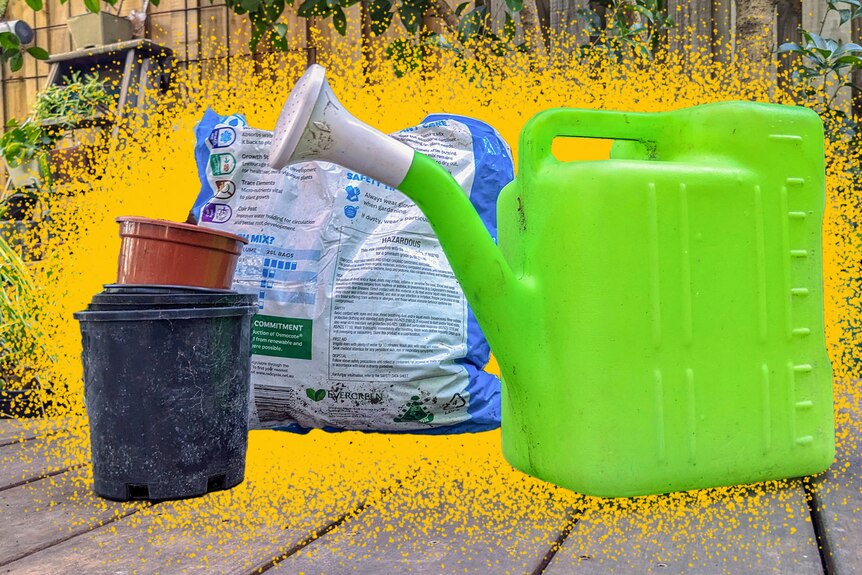A pile of plastic pots, a bright green plastic watering can and a bag full of soil in soft plastic in a backyard