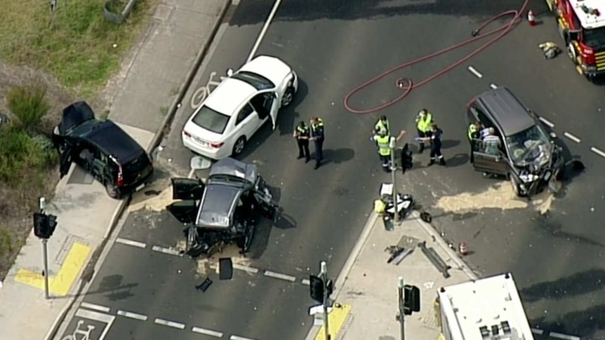 An aerial shot of a multi-car crash on Melbourne's Chandler Highway.