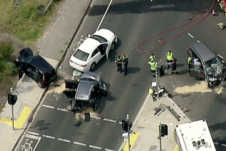 An aerial shot of a multi-car crash on Melbourne's Chandler Highway.