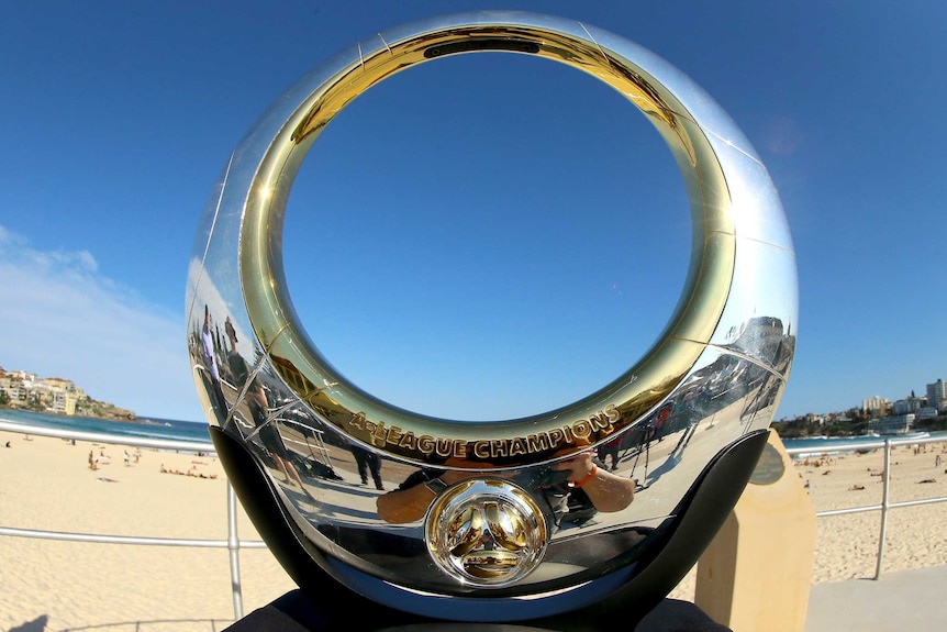 The A-League Premiers Championship Trophy set up for photos at Bondi Beach.