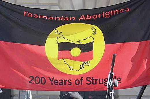 Tasmanian Aboriginal flag, pictured at protest.