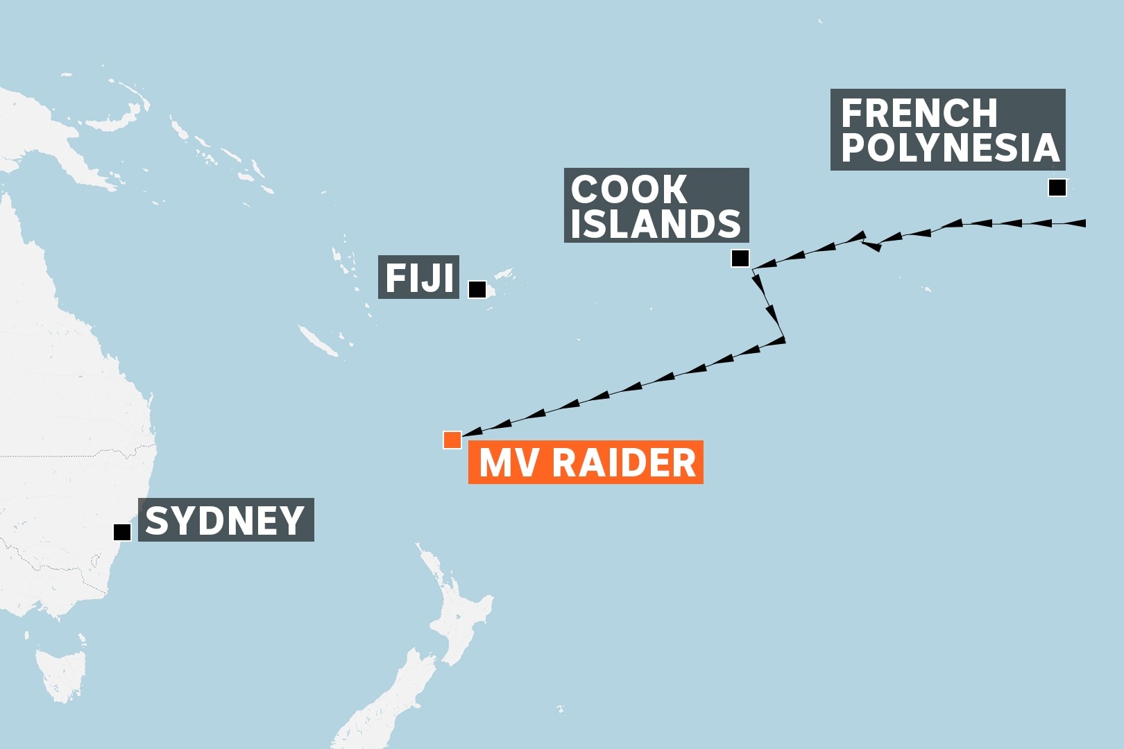 Un mapa que muestra la ruta de un barco desde la Polinesia Francesa hasta la costa este de Australia.