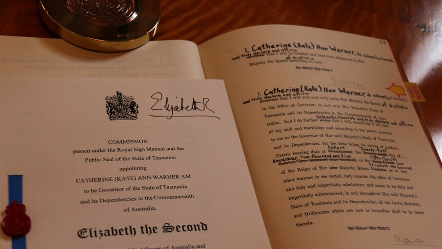 The official affirmation signed by Kate Warner as 28th Governor of Tasmania