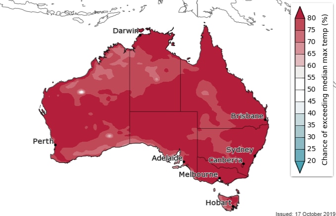A map of Australia showing a high chance of all states experiencing warmer than average maximum temperatures.