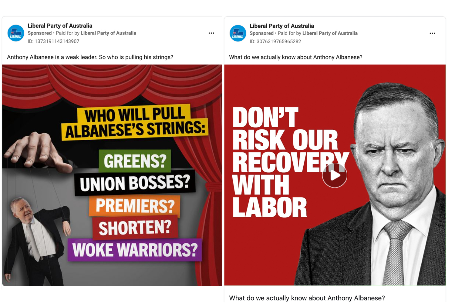 Screenshots of two side by side Facebook ads featuring images of Anthony Albanese