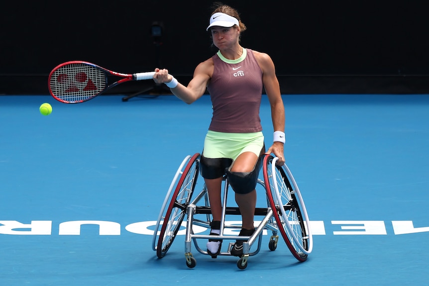 Diede de Groot plays a forehand during the 2024 Australian Open women's wheelchair singles final.