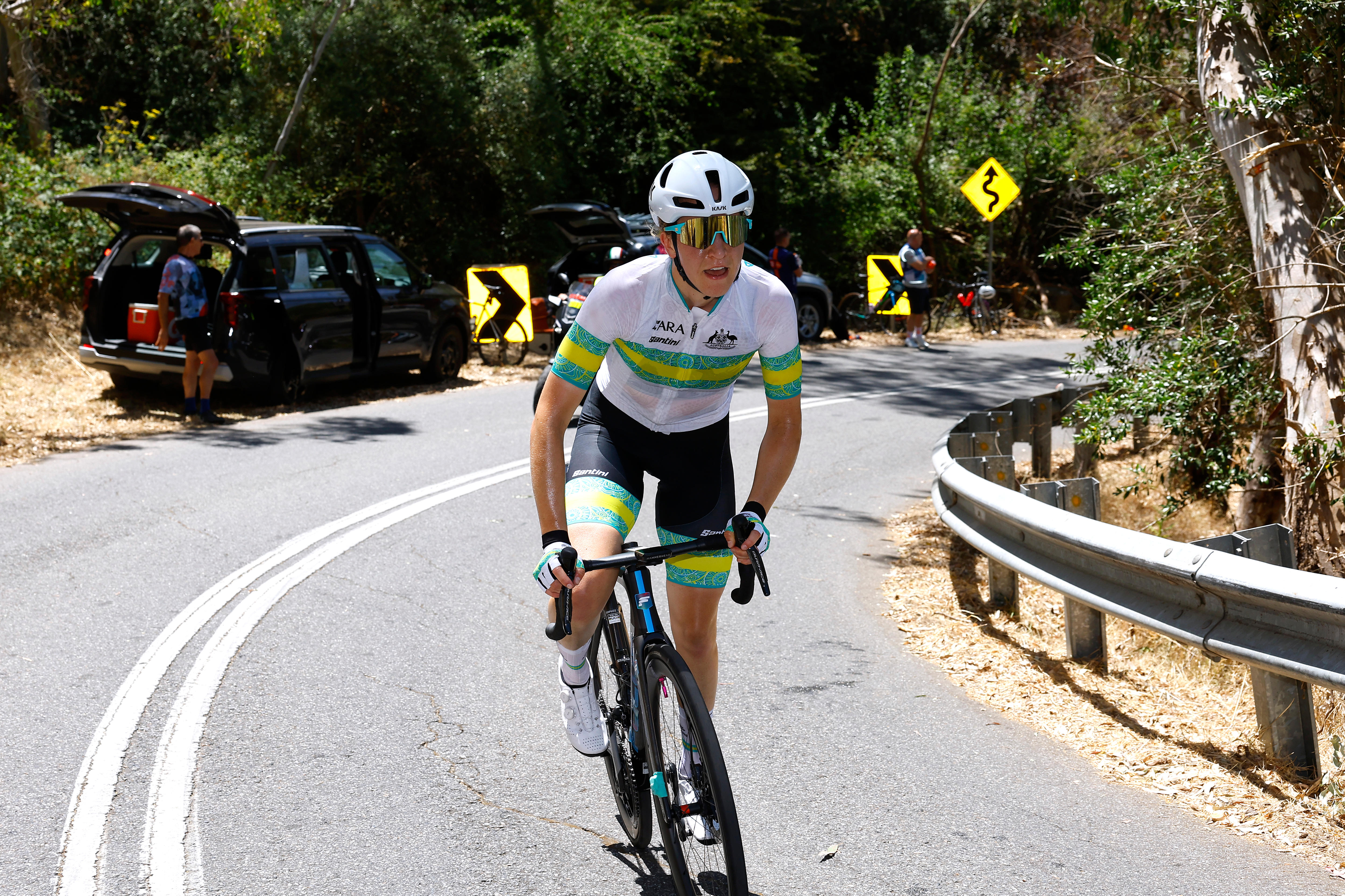 Sophie Edwards riding out of the sadle Women's Tour Down Under