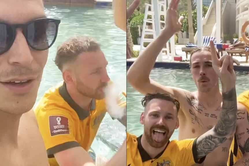 A montage of images showing the Socceroos celebrating in a pool
