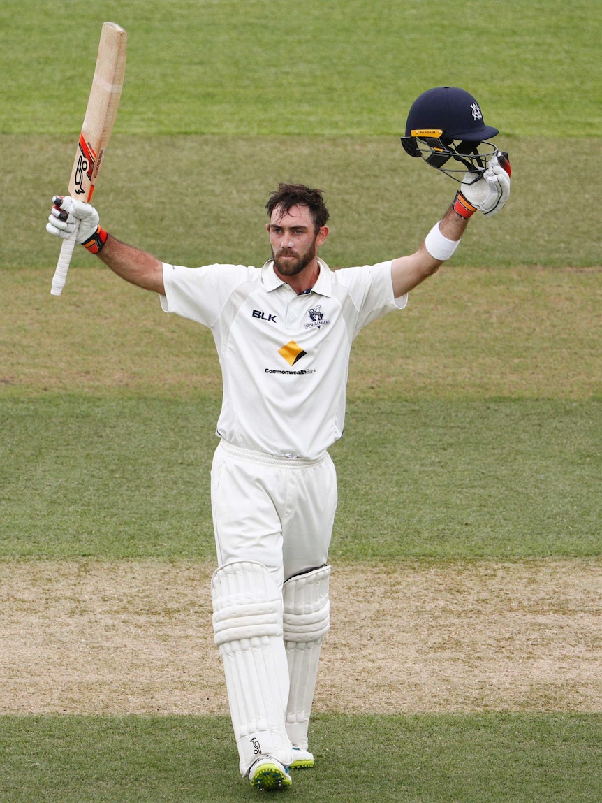 Glenn Maxwell raises his bat to acknowledge the crowd after reaching a double century for Victoria in the Sheffield Shield.