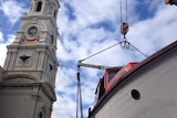 The Cooinda being lowered into place outside Fremantle Town Hall