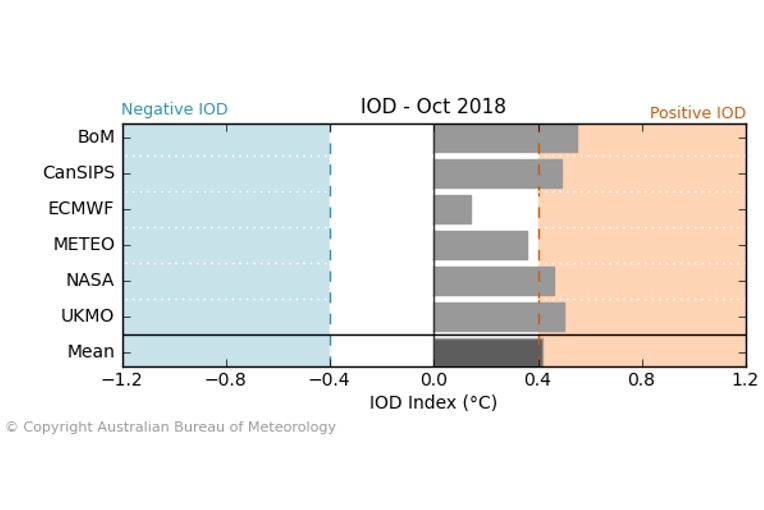 Graph which shows all of the climate models pointing at positive IOD