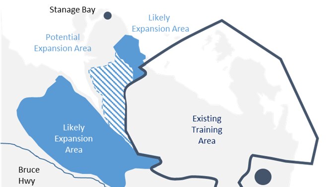 A blue and white basic map of Shoalwater Bay outlining proposed likely areas for expansion and potential areas