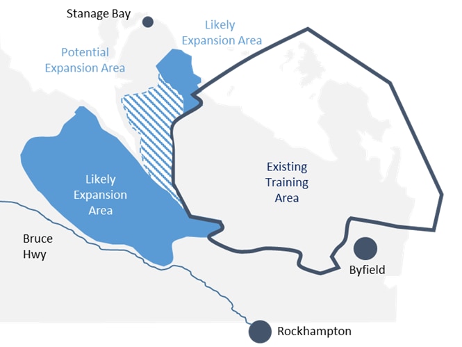 A blue and white basic map of Shoalwater Bay outlining proposed likely areas for expansion and potential areas