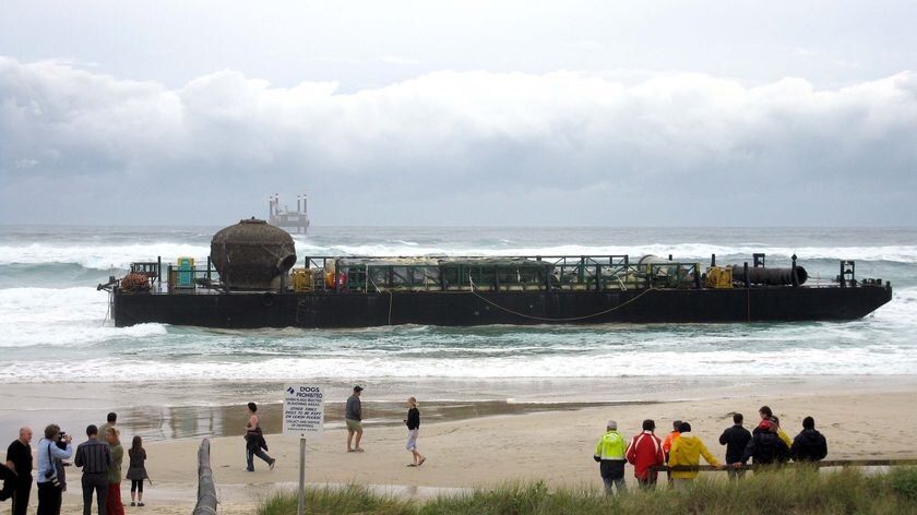 The barge washed up on Tugun Beach on Wednesday morning.