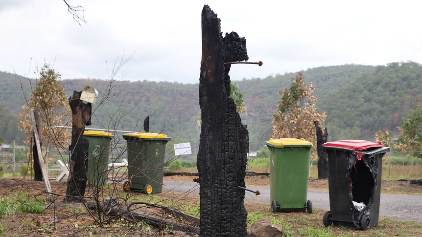 The front fence of a property is burnt out, including a bin that has been partially melted.