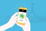 Illustration of someone holding a phone with the government's COVIDSafe app open with parliament house in the background.
