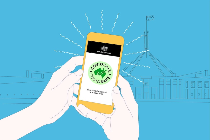 Illustration of someone holding a phone with the government's COVIDSafe app open with parliament house in the background.