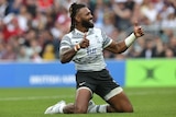 A Fijian male rugby union player during the warm-up Test against England at Twickenham.