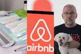a composite image of a person wearing gloves holding medical equipment, an airbnb logo, man with a white dog sitting on his lap