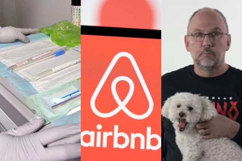 a composite image of a person wearing gloves holding medical equipment, an airbnb logo, man with a white dog sitting on his lap
