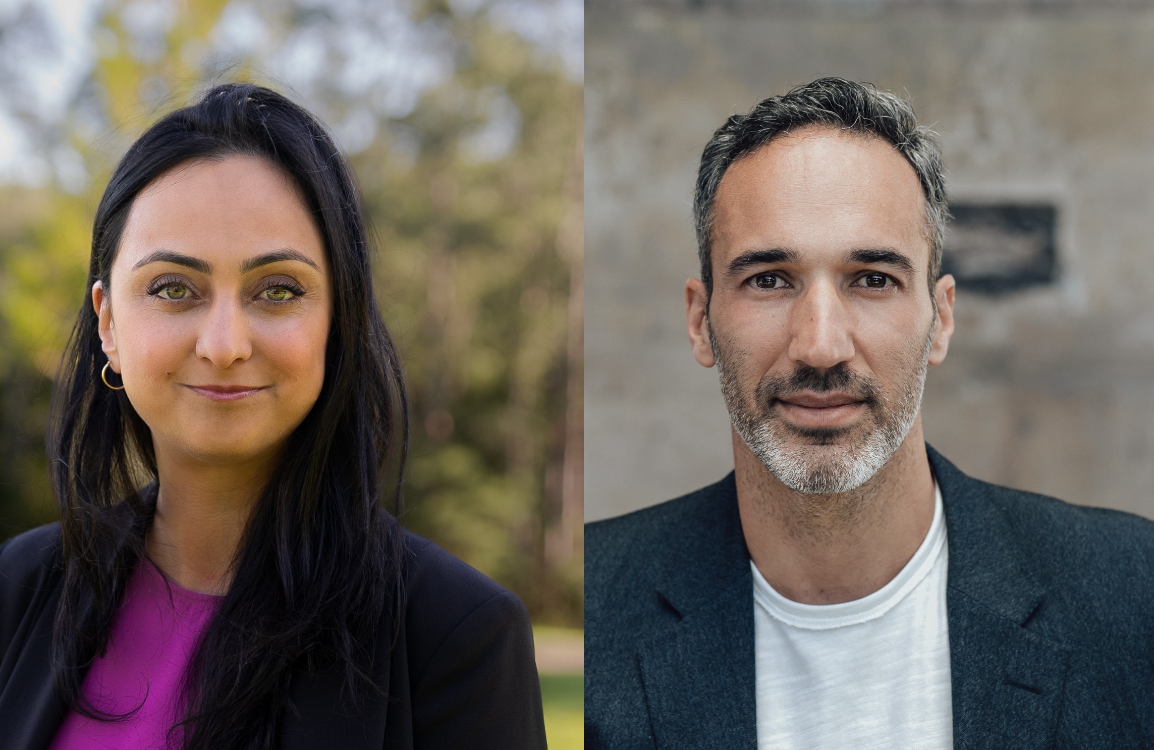 A woman in a black suit and pink shirt with dark hair, is back to back with a man in a black suit and white shirt.