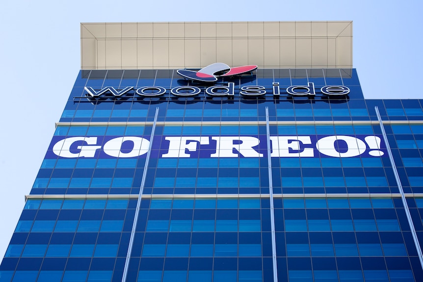A "Go Freo!" sign on the side of the Woodside building in the Perth CBD.