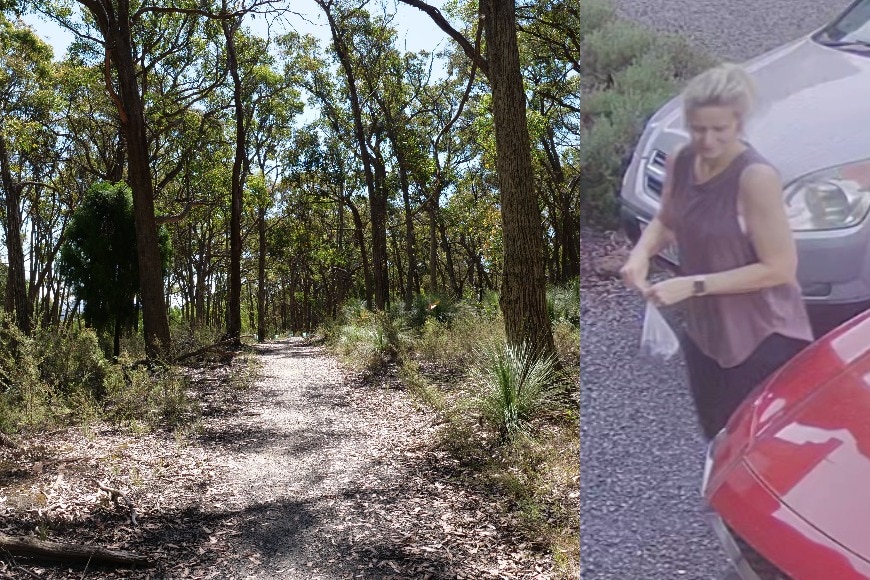 A composite of a  tree-lined dirt track extending away into the bush, and CCTV image of a woman with blonde hair near two cars