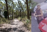 A composite of a  tree-lined dirt track extending away into the bush, and CCTV image of a woman with blonde hair near two cars